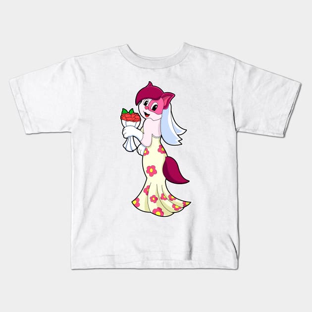 Cat with Wedding dress & Bunch of Flower Kids T-Shirt by Markus Schnabel